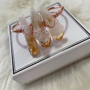 White Quartz & Tiger's Eye Rose Gold 3 Stone Bangle Bracelet